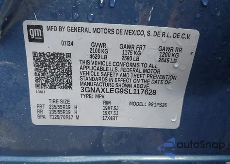 2025 Chevrolet Equinox Fwd Rs z USA, uszkodzony, nr VIN 3GNAXLEG9SL117628